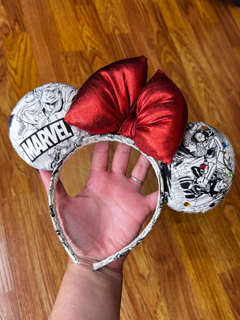 Marvel Comic Book Handmade Minnie Mouse Ears Headband - Metallic Red Bow